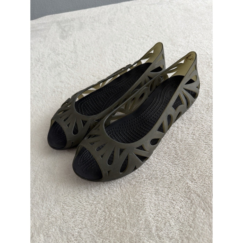 Crocs 9 Adrina III Flats Olive Green Open Peep Toe Jelly Cutout Slip On Shoes